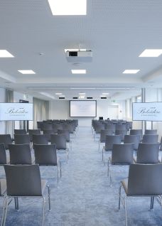 Heller Seminarraum mit Reihenbestuhlung und Leinwand f&uuml;r Meetings am Thunersee