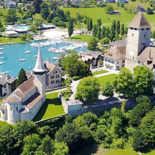 Aerial view of Spiez Castle and marina on Lake Thun, Switzerland