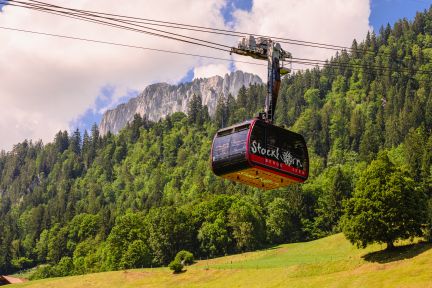 The Stockhorn cable car gliding over green meadows against an Alpine backdrop