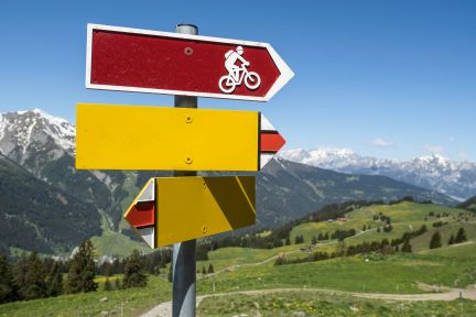 Several signposts stand on a green mountain meadow overlooking snow-covered Alps and wooded slopes. A red sign with a bicycle symbol indicates mountain bike trails. The perfect setting for outdoor activities and team events around Lake Thun. ©Thun-Thunersee Tourism Signposts in the Swiss Alps