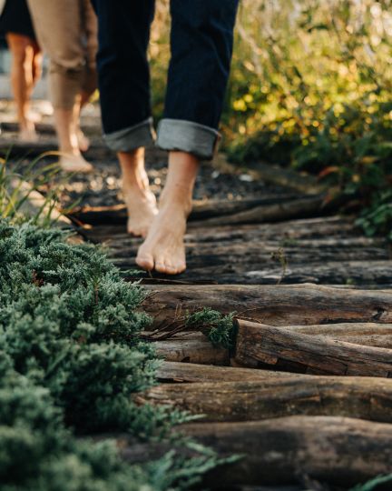 Zwei Personen gehen barfuß über einen hölzernen Naturpfad, umgeben von üppigem Grün und Pflanzen. Die Szene vermittelt Achtsamkeit, Entspannung und die Verbindung zur Natur – ideal für Seminare rund um Gesundheit und Wohlbefinden in der Region Thun-Thunersee.
©Deltapark
Barfußpfad-Erlebnis in der Natur