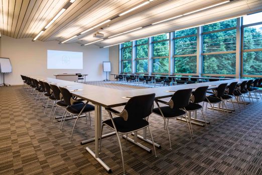 Heller, großzügiger Seminarraum mit moderner Ausstattung und bodentiefen Fenstern, die den Blick ins Grüne freigeben. Flexible Bestuhlung, professionelle Tagungstechnik und freundliche Atmosphäre – ideal für Tagungen, Workshops oder Business-Events am Thunersee. New York - Modern ausgestatteter Seminarraum mit Ausblick