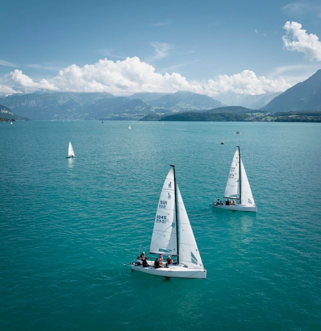 Mehrere Segelboote gleiten unter strahlend blauem Himmel über den klaren Thunersee, umgeben von majestätischen Alpen. Das Bild vermittelt Teamgeist und Abenteuer – ideal für Business-Events, Incentives oder Teambuilding in einer inspirierenden, natürlichen Kulisse. @Segelschule Thunersee Segeln auf dem Thunersee