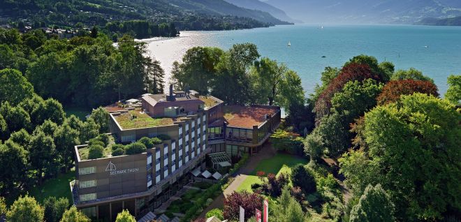 Lakeside conference hotel with gardens on Lake Thun, Switzerland