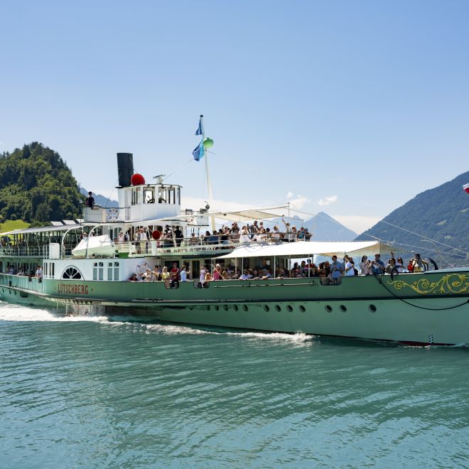 Passenger boat on Lake Thun with a view of the Bernese Alps